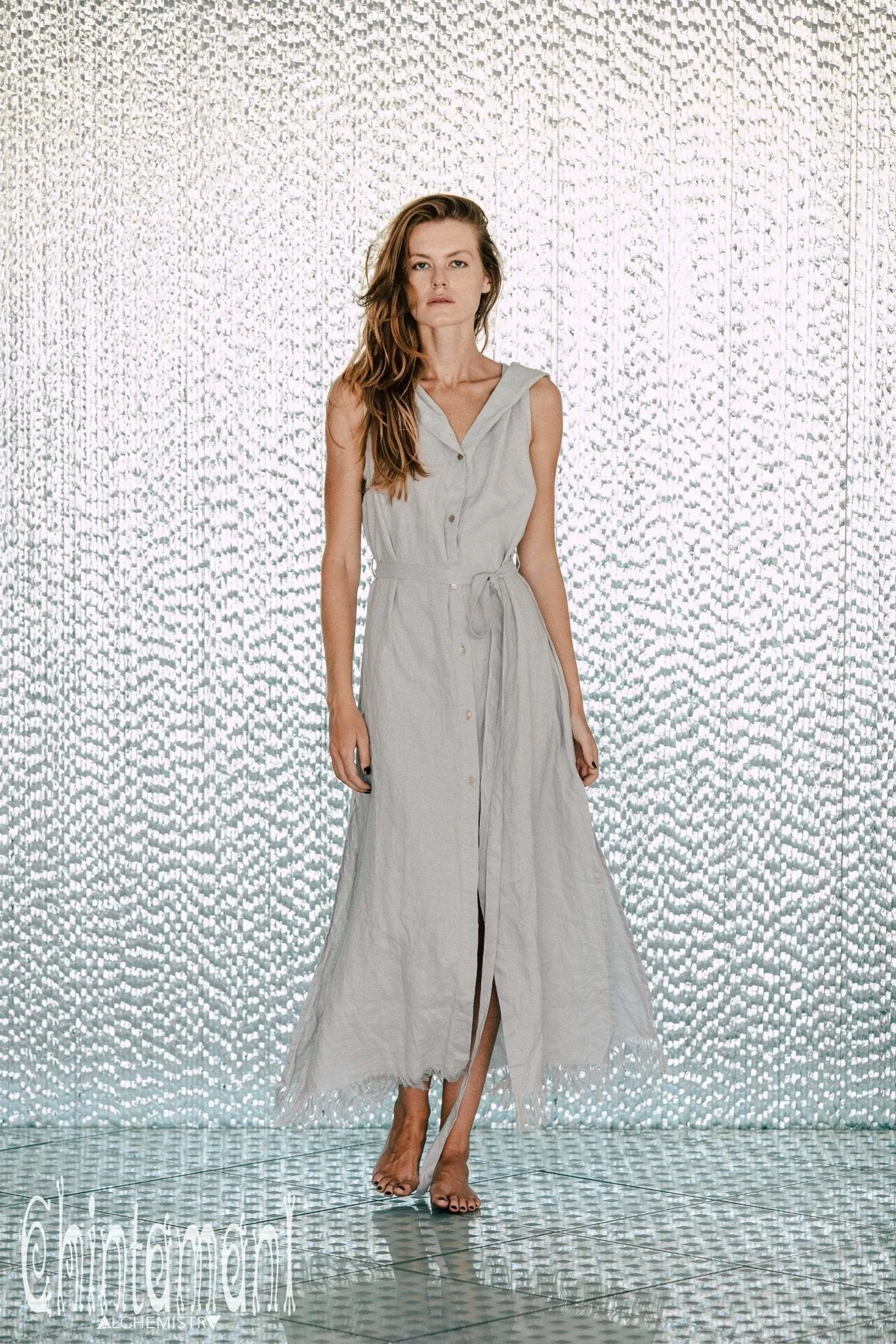 Long Linen Shirt Dress with Hood & High Slit / Grey