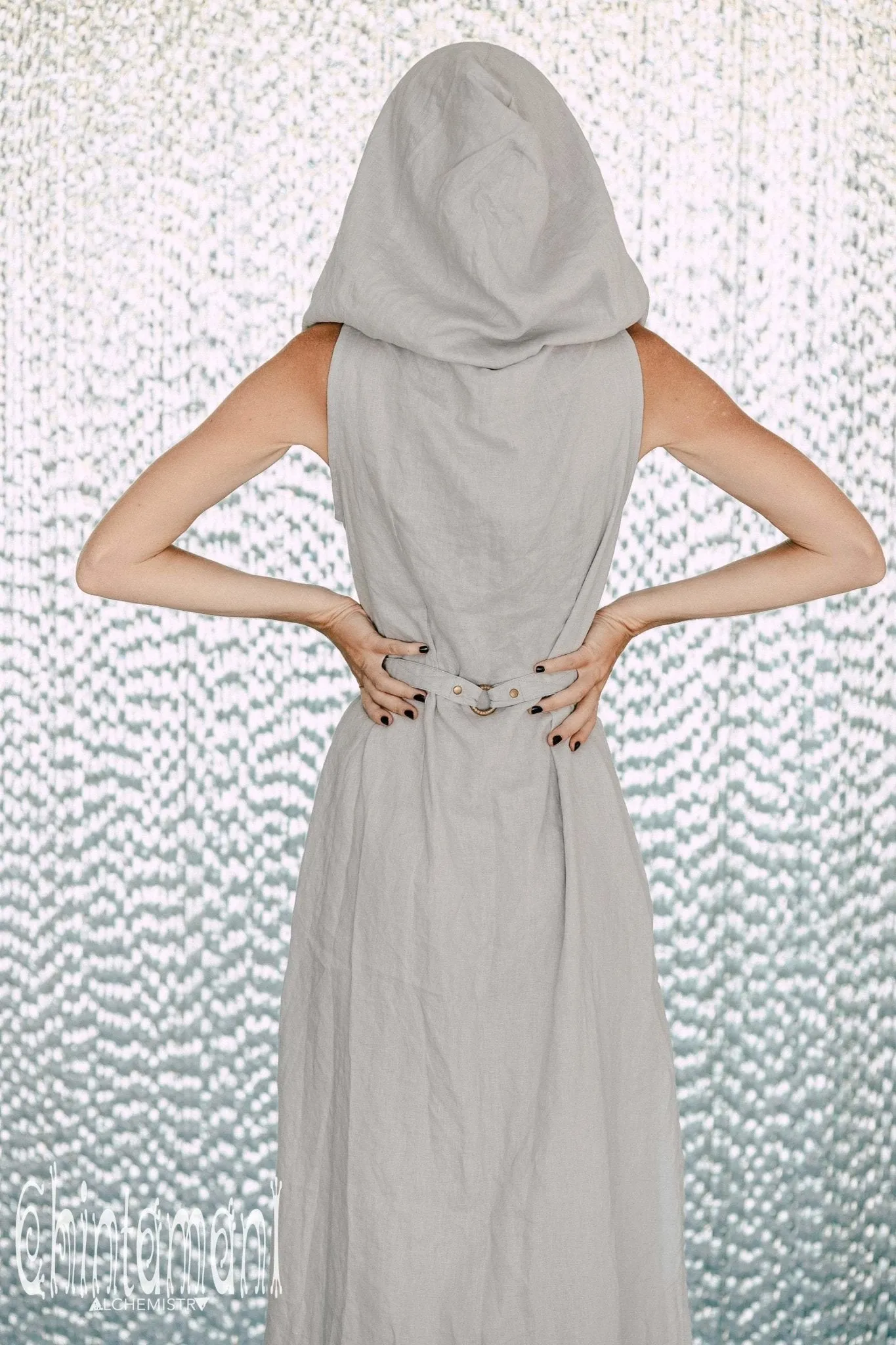 Long Linen Shirt Dress with Hood & High Slit / Grey