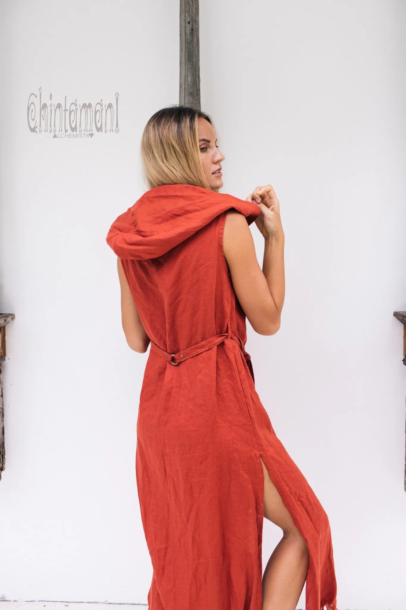 Long Linen Shirt Dress with Hood & High Slit / Red Ochre