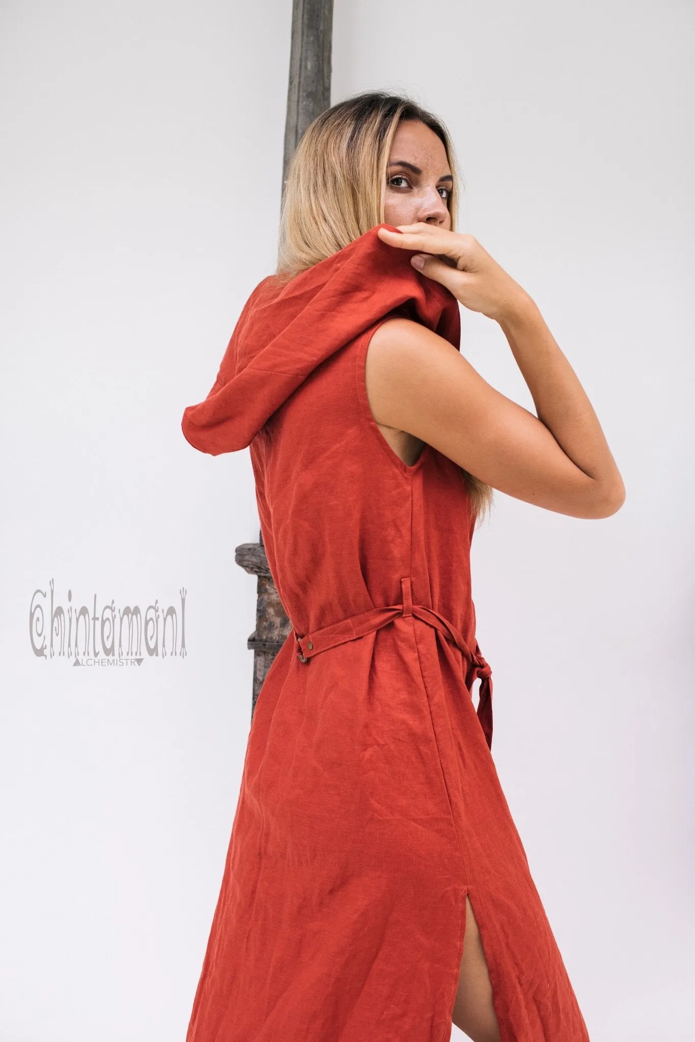 Long Linen Shirt Dress with Hood & High Slit / Red Ochre