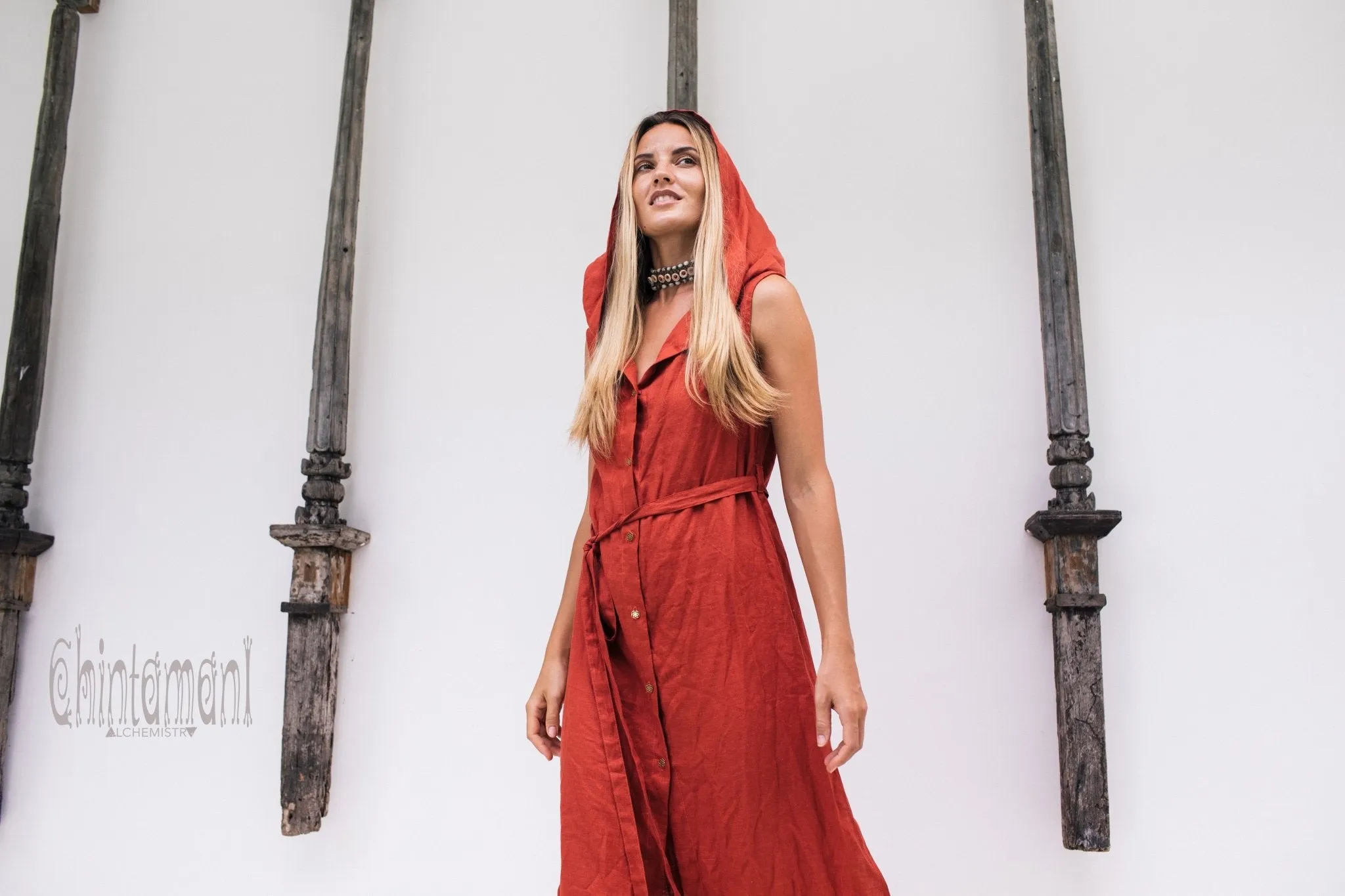 Long Linen Shirt Dress with Hood & High Slit / Red Ochre