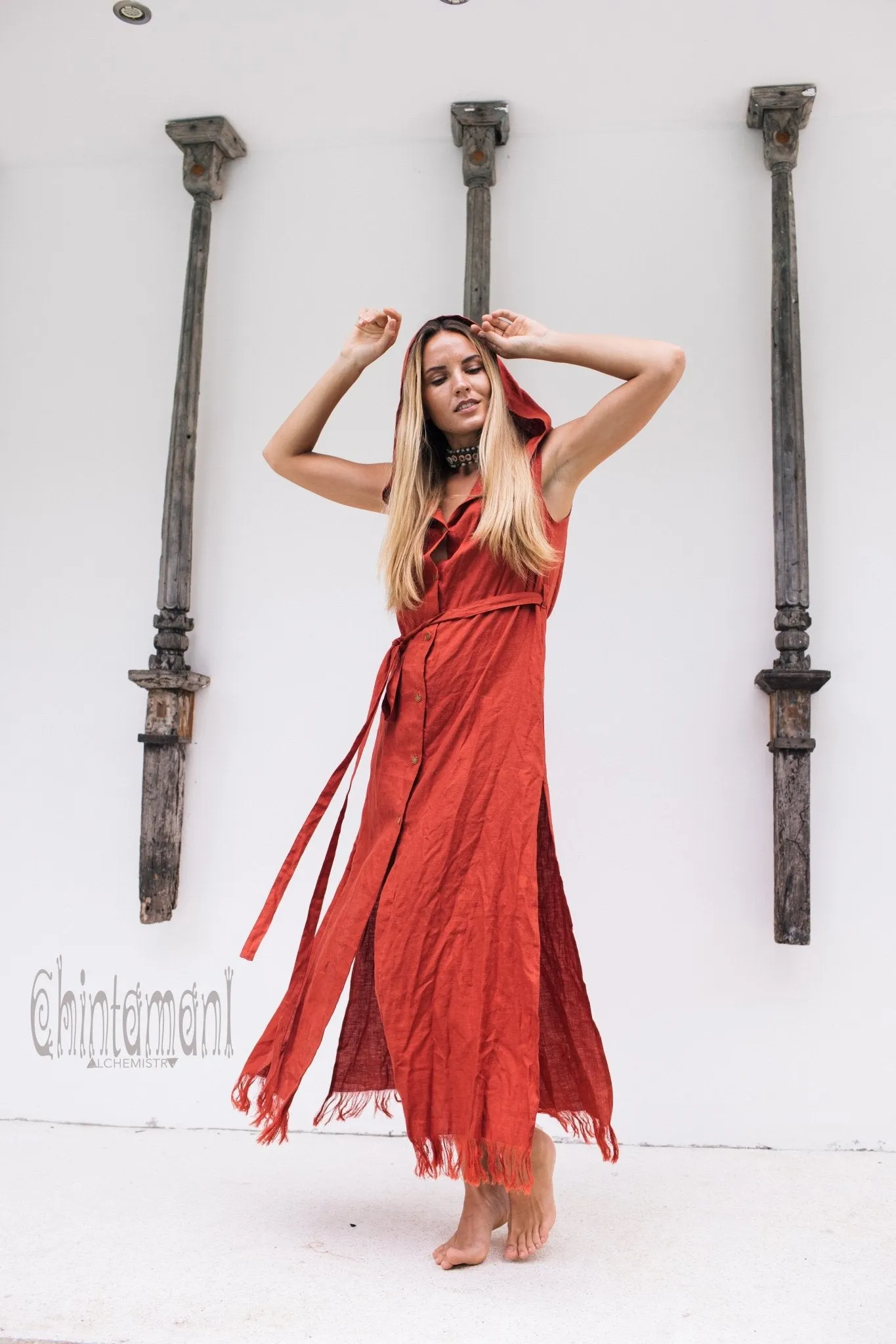Long Linen Shirt Dress with Hood & High Slit / Red Ochre