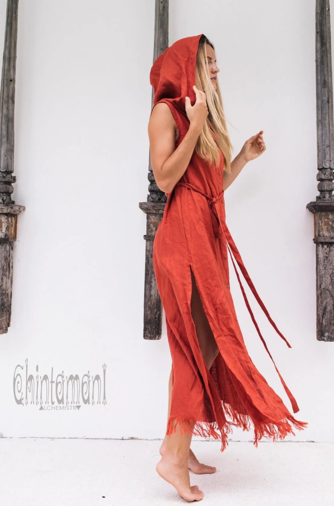 Long Linen Shirt Dress with Hood & High Slit / Red Ochre