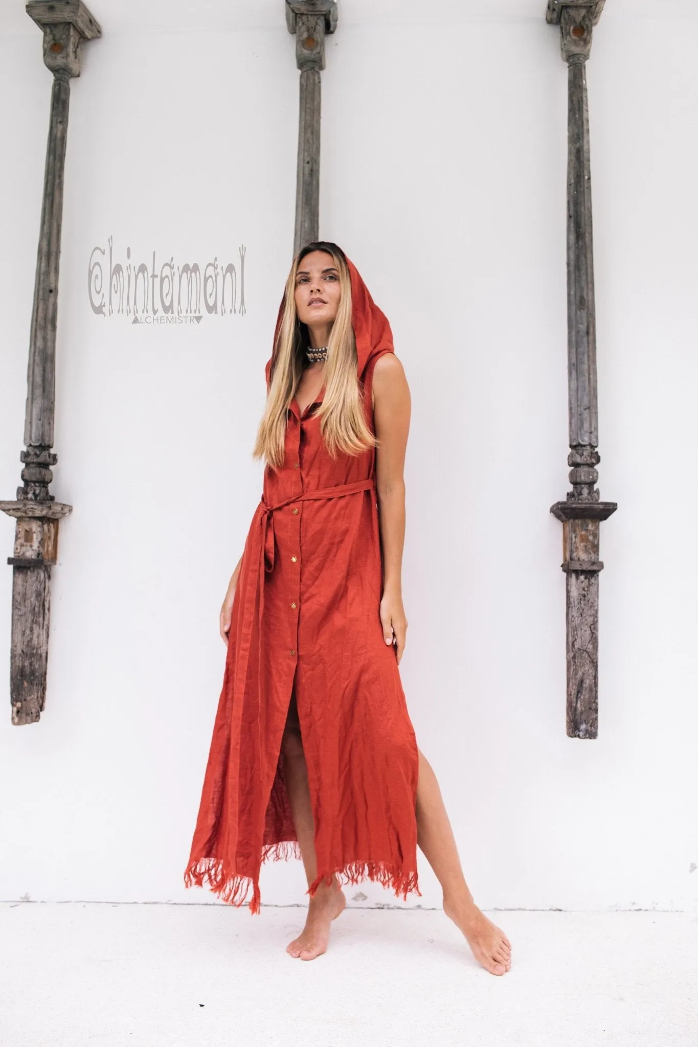 Long Linen Shirt Dress with Hood & High Slit / Red Ochre