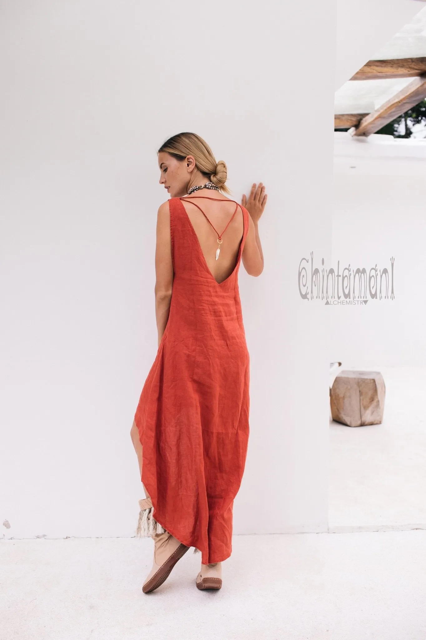 Long Linen Shirt Dress with Hood & High Slit / Red Ochre