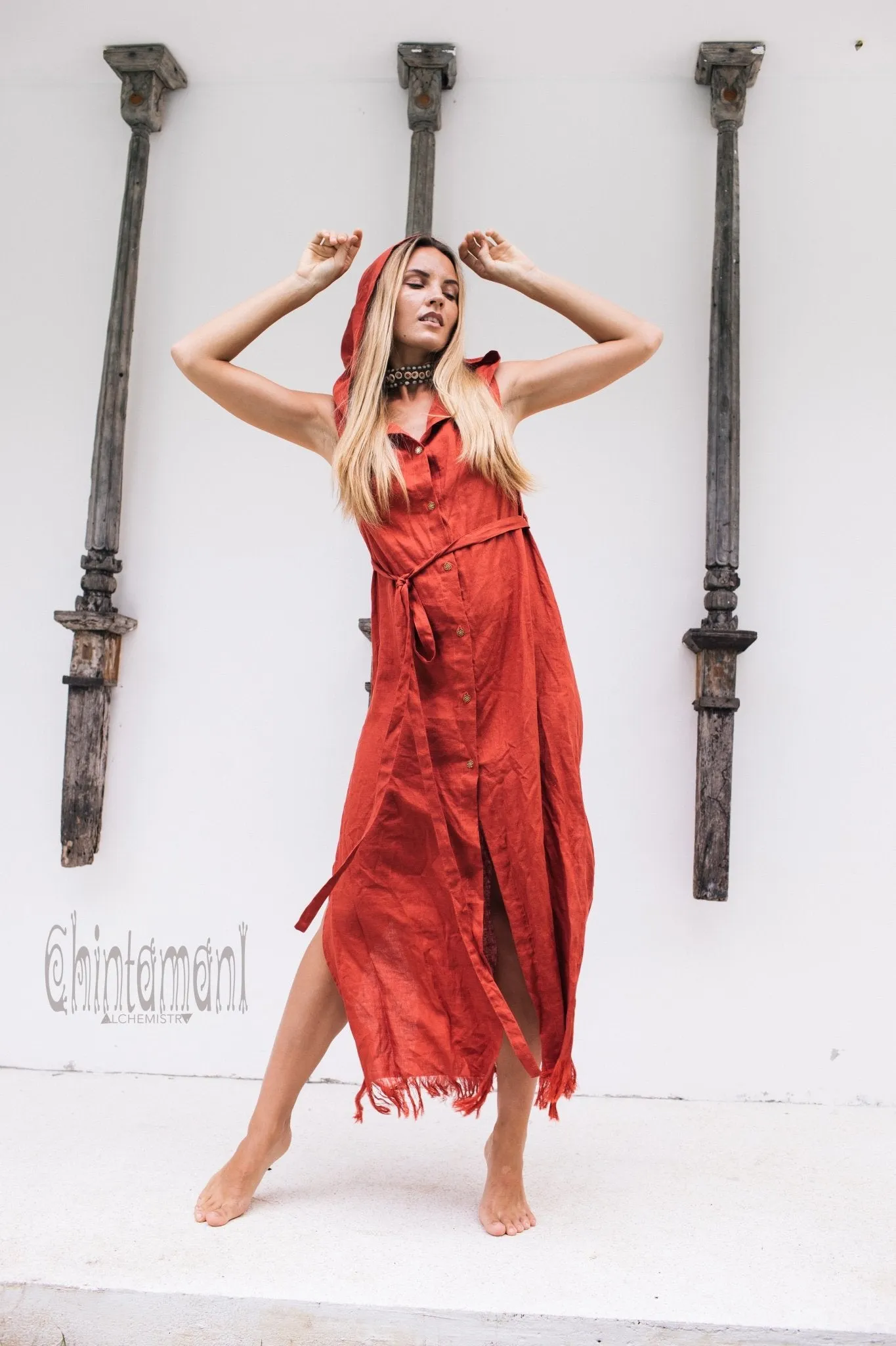 Long Linen Shirt Dress with Hood & High Slit / Red Ochre