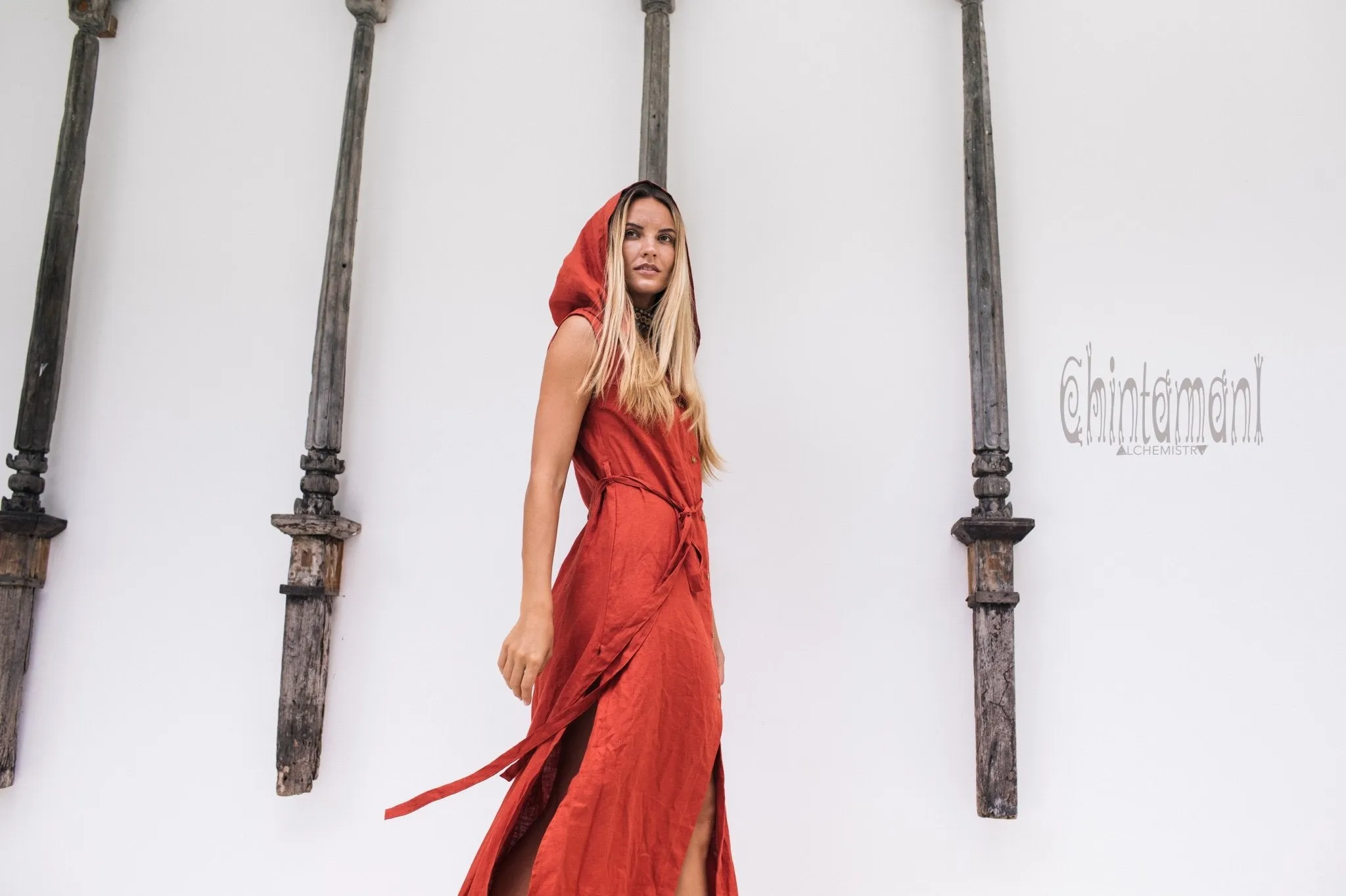 Long Linen Shirt Dress with Hood & High Slit / Red Ochre