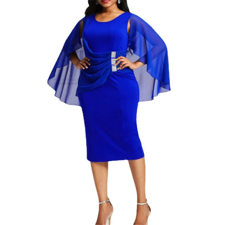 Melinda U Neck Short Sleeve Floating Shawl Chiffon Dress