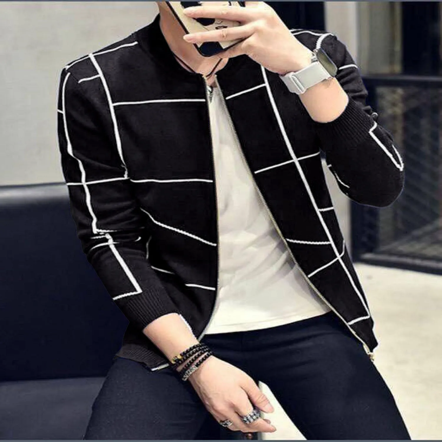 Men's Casual Blazer Slim Plaid Single Trench Coat