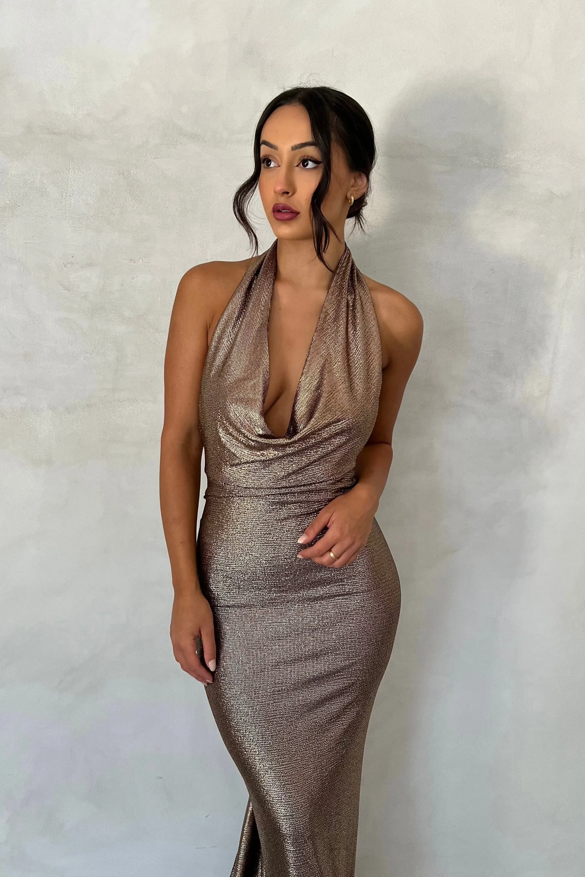 MÉLANI The Label MARIA Foil Cowl Neck Open Back Dress