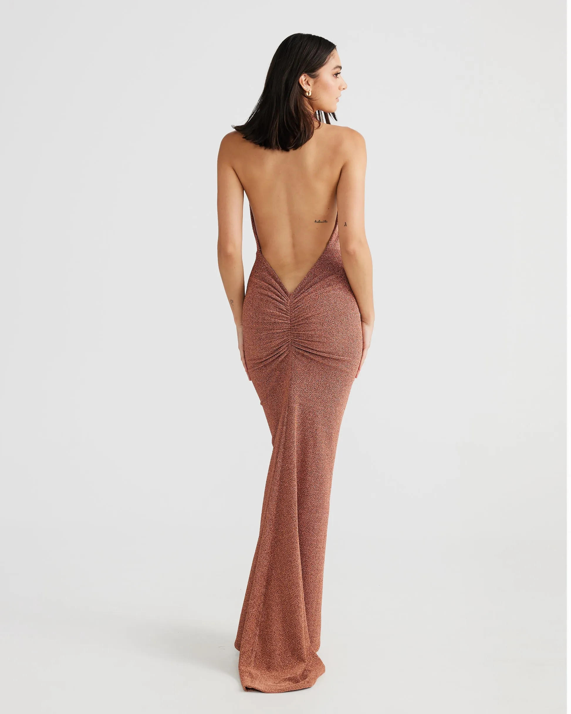 MÉLANI The Label MARIA Foil Cowl Neck Open Back Dress