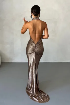 MÉLANI The Label MARIA Foil Cowl Neck Open Back Dress