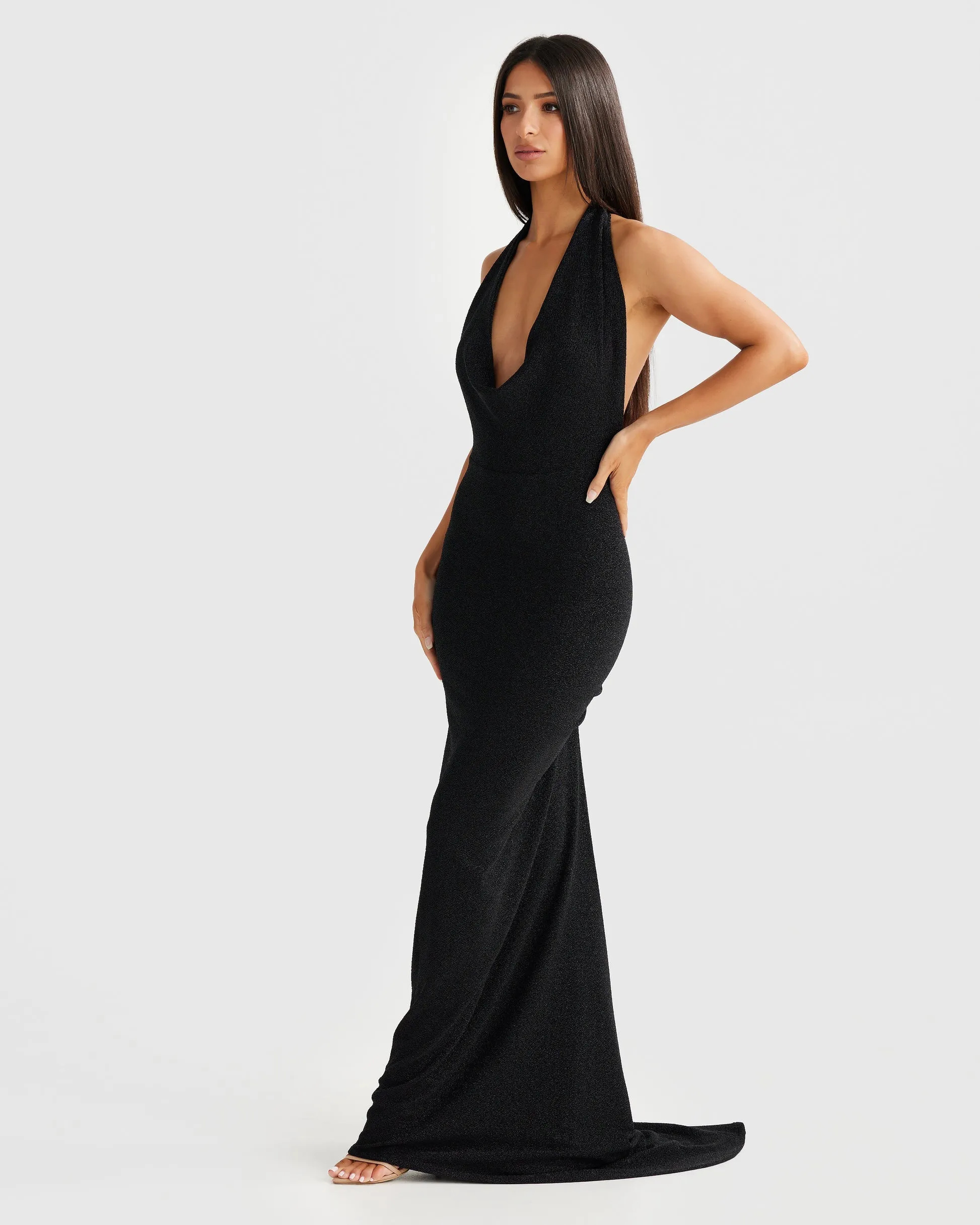 MÉLANI The Label MARIA Foil Cowl Neck Open Back Dress