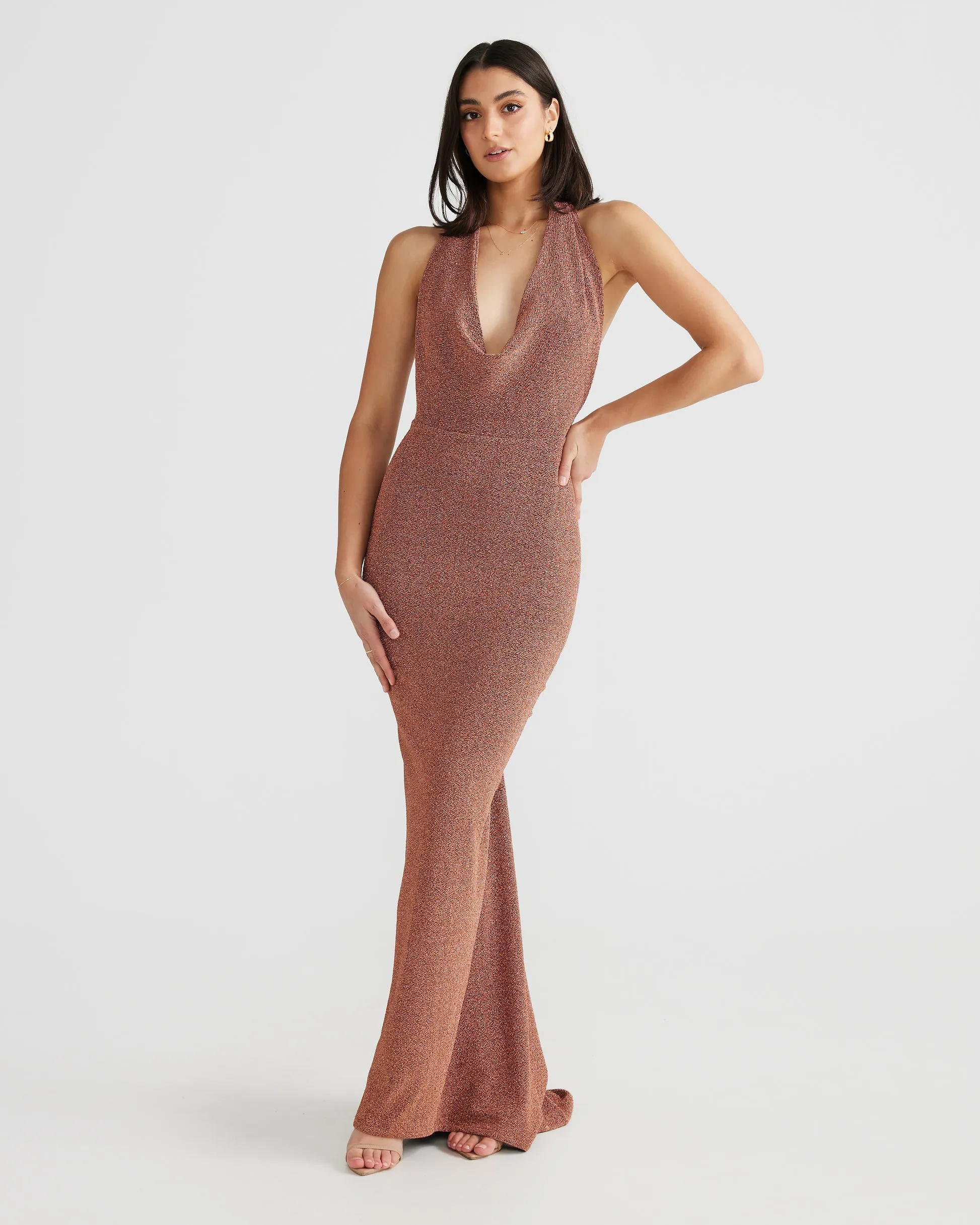 MÉLANI The Label MARIA Foil Cowl Neck Open Back Dress