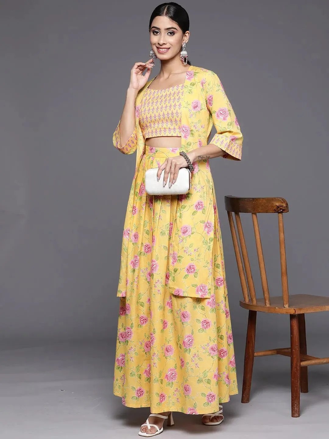 Mustard Printed Cotton 3 Piece Co-Ords