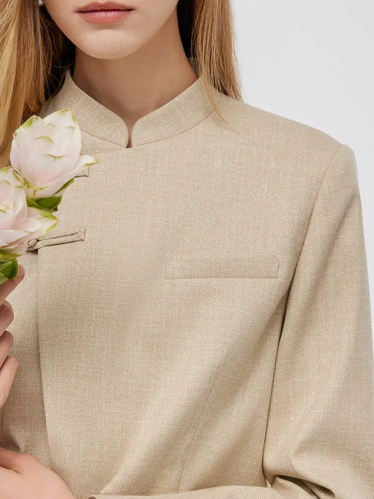 New Chinese-Style Mandarin Collar Crop Jacket And Pleated Skirt Two-Piece Set