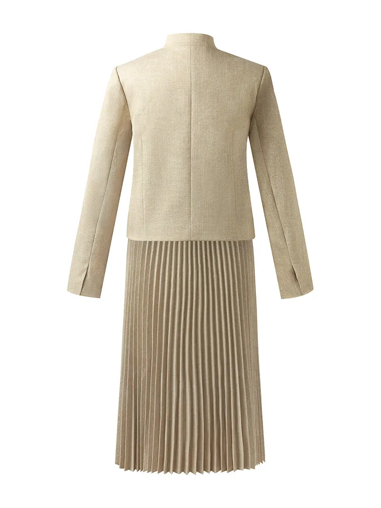 New Chinese-Style Mandarin Collar Crop Jacket And Pleated Skirt Two-Piece Set