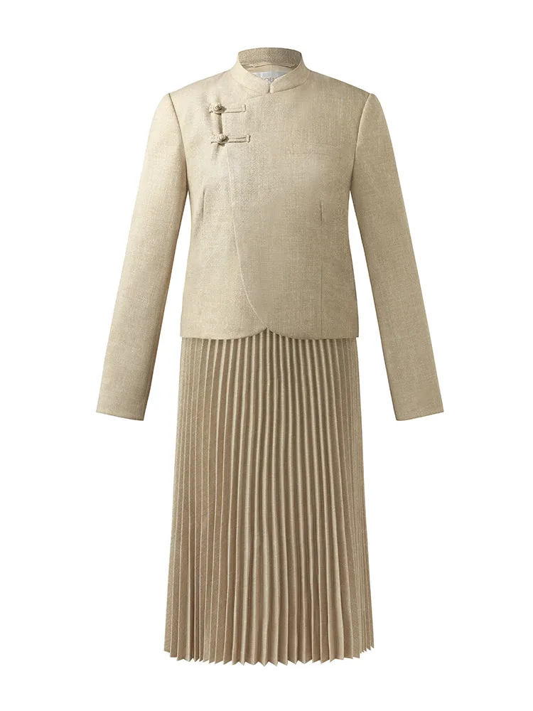 New Chinese-Style Mandarin Collar Crop Jacket And Pleated Skirt Two-Piece Set