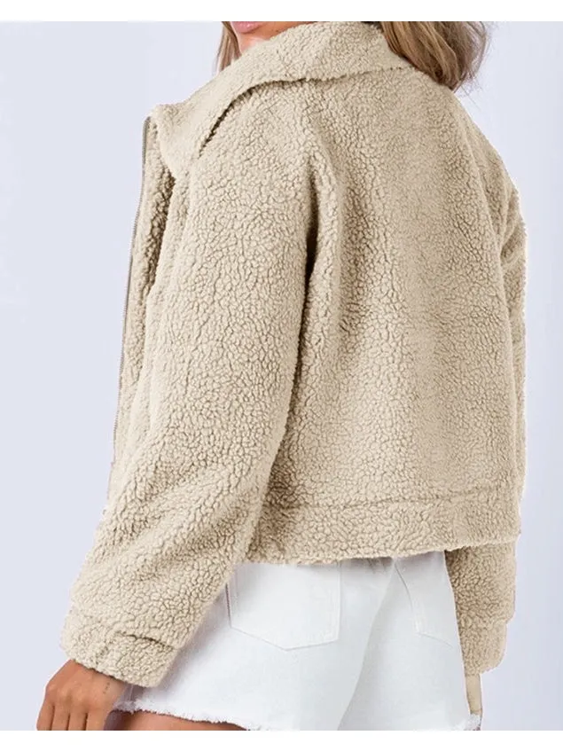 NicholesGifts Women Long Sleeve Collared Neck Sherpa Jacket