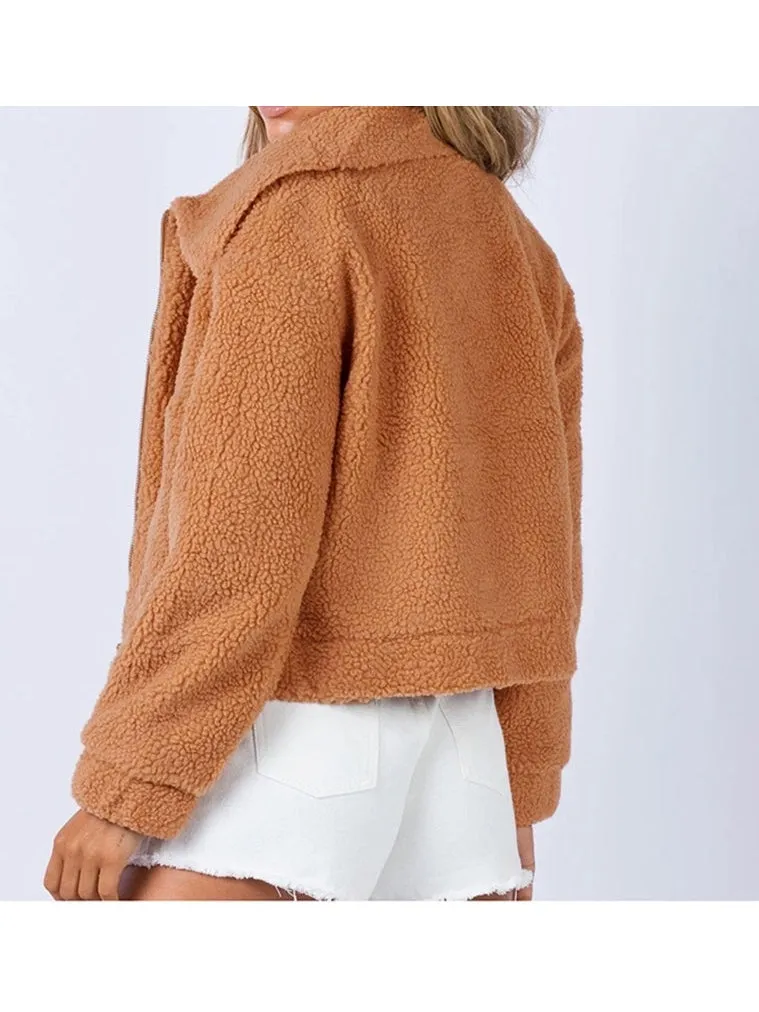 NicholesGifts Women Long Sleeve Collared Neck Sherpa Jacket