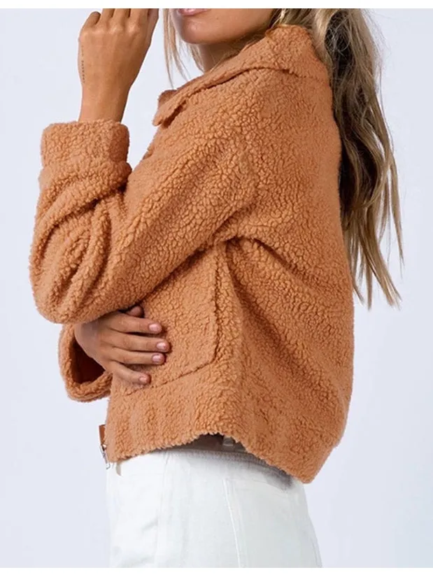 NicholesGifts Women Long Sleeve Collared Neck Sherpa Jacket