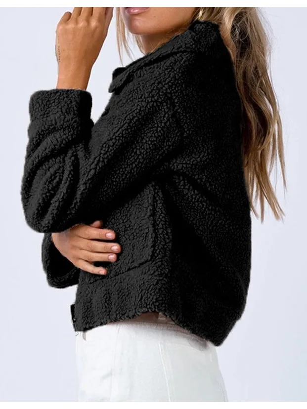 NicholesGifts Women Long Sleeve Collared Neck Sherpa Jacket