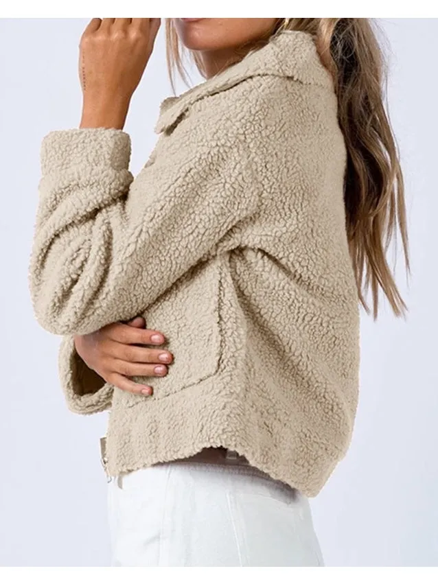 NicholesGifts Women Long Sleeve Collared Neck Sherpa Jacket