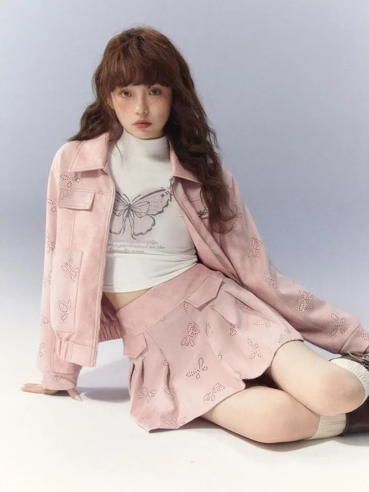Pink leather jacket and pleated skirt【s0000003345】