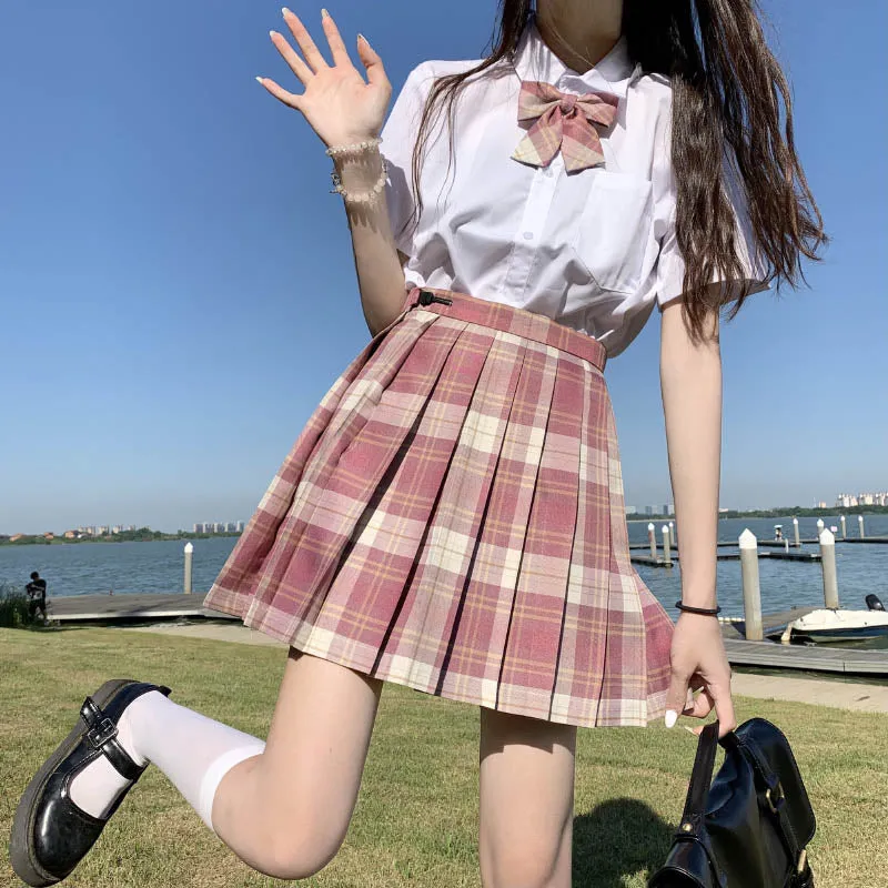 Pink Sweet Women Plaid Skirt JK Girls Preppy Dance Mini Pleated Skirt A Line Harajuku Japan School Fashion Tie Bow Skirt