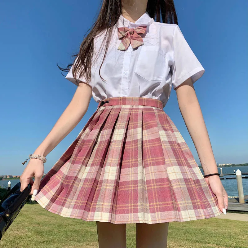 Pink Sweet Women Plaid Skirt JK Girls Preppy Dance Mini Pleated Skirt A Line Harajuku Japan School Fashion Tie Bow Skirt