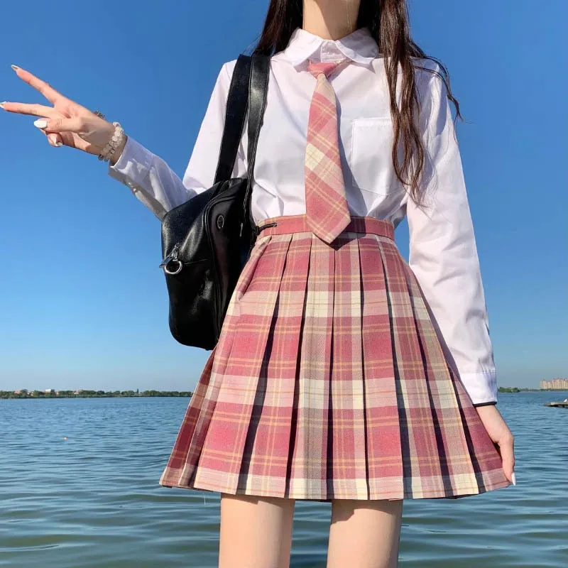 Pink Sweet Women Plaid Skirt JK Girls Preppy Dance Mini Pleated Skirt A Line Harajuku Japan School Fashion Tie Bow Skirt