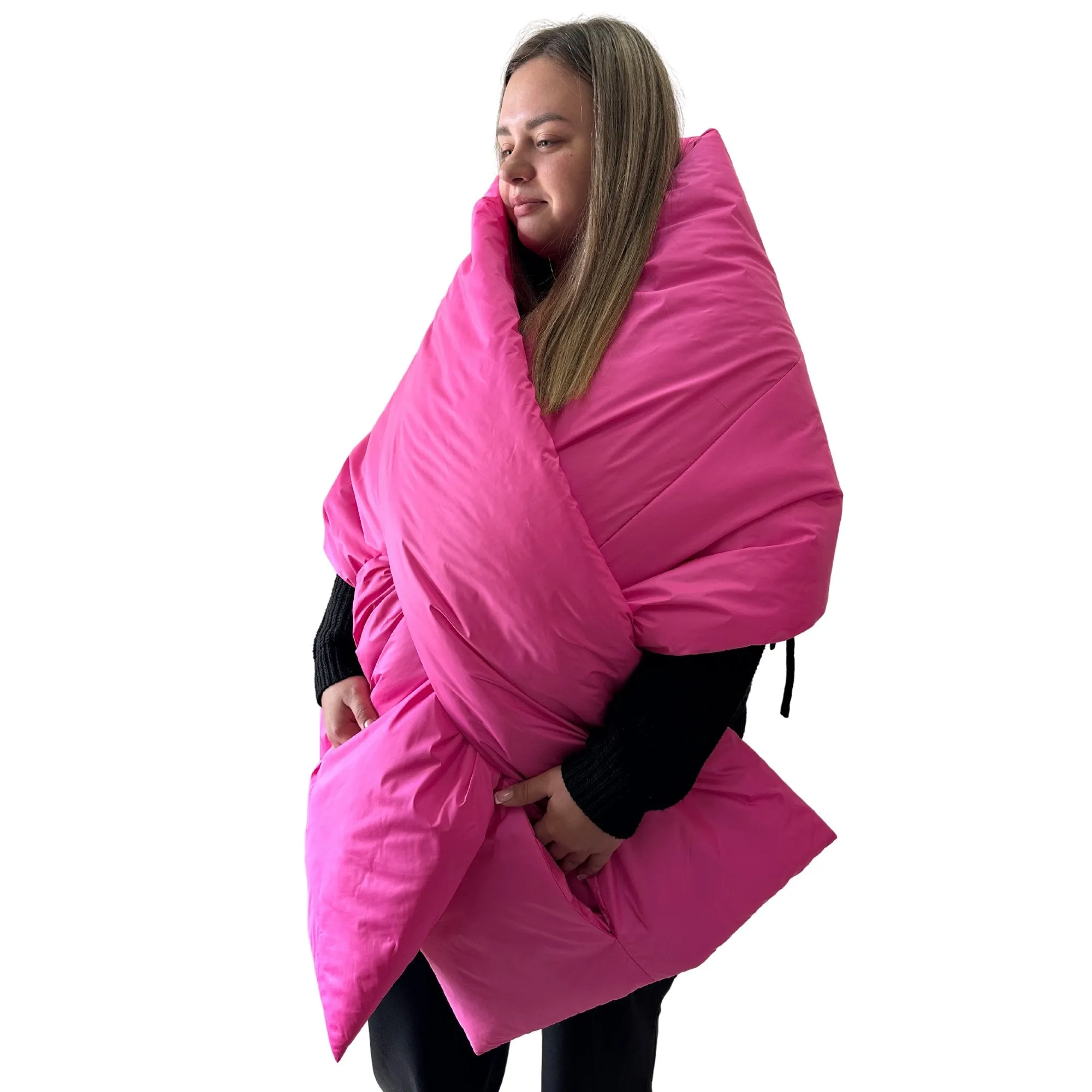 Plus Size Hot Pink Long Wide Scarf Puffer – 25x100 inches with 2 Pockets and Belt