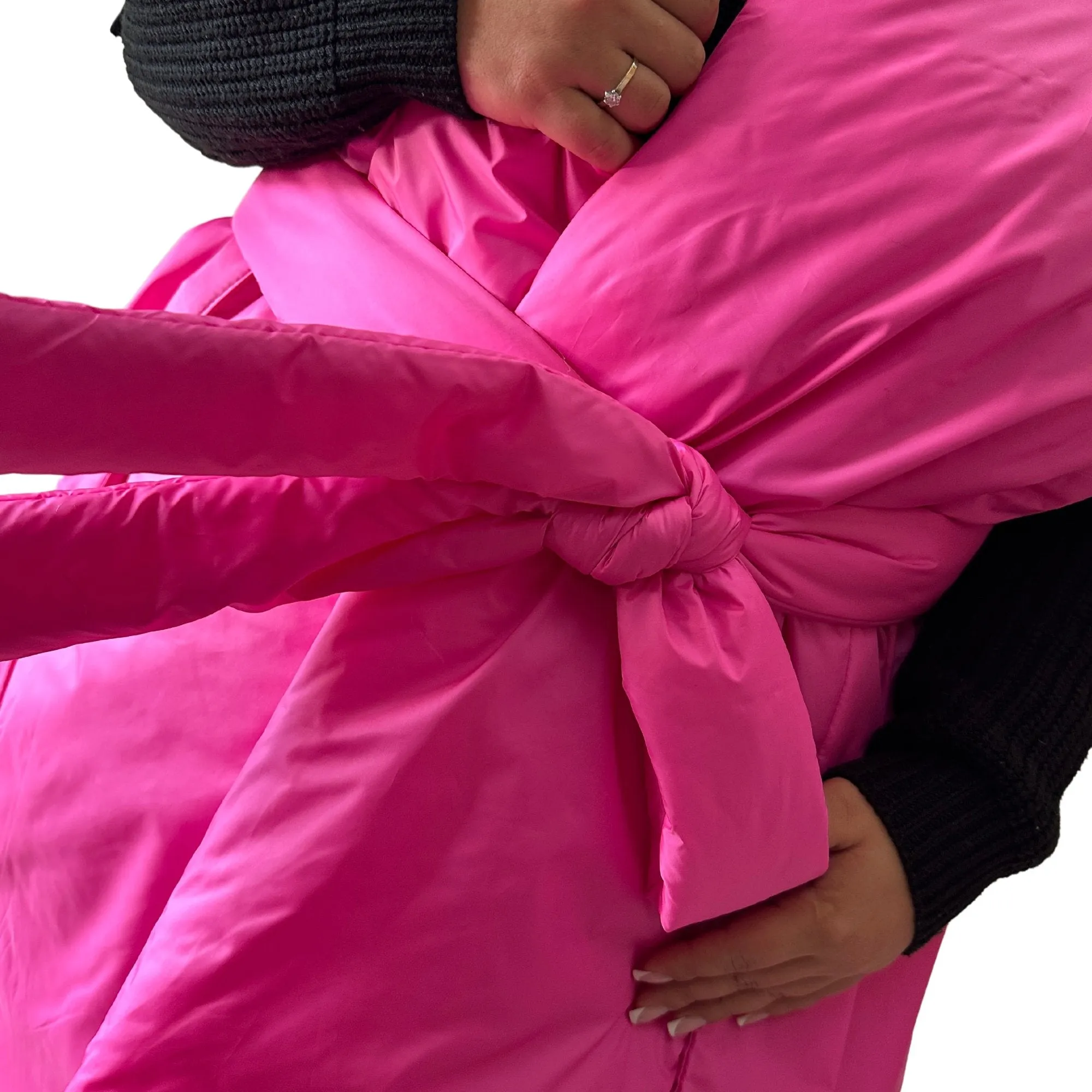 Plus Size Hot Pink Long Wide Scarf Puffer – 25x100 inches with 2 Pockets and Belt