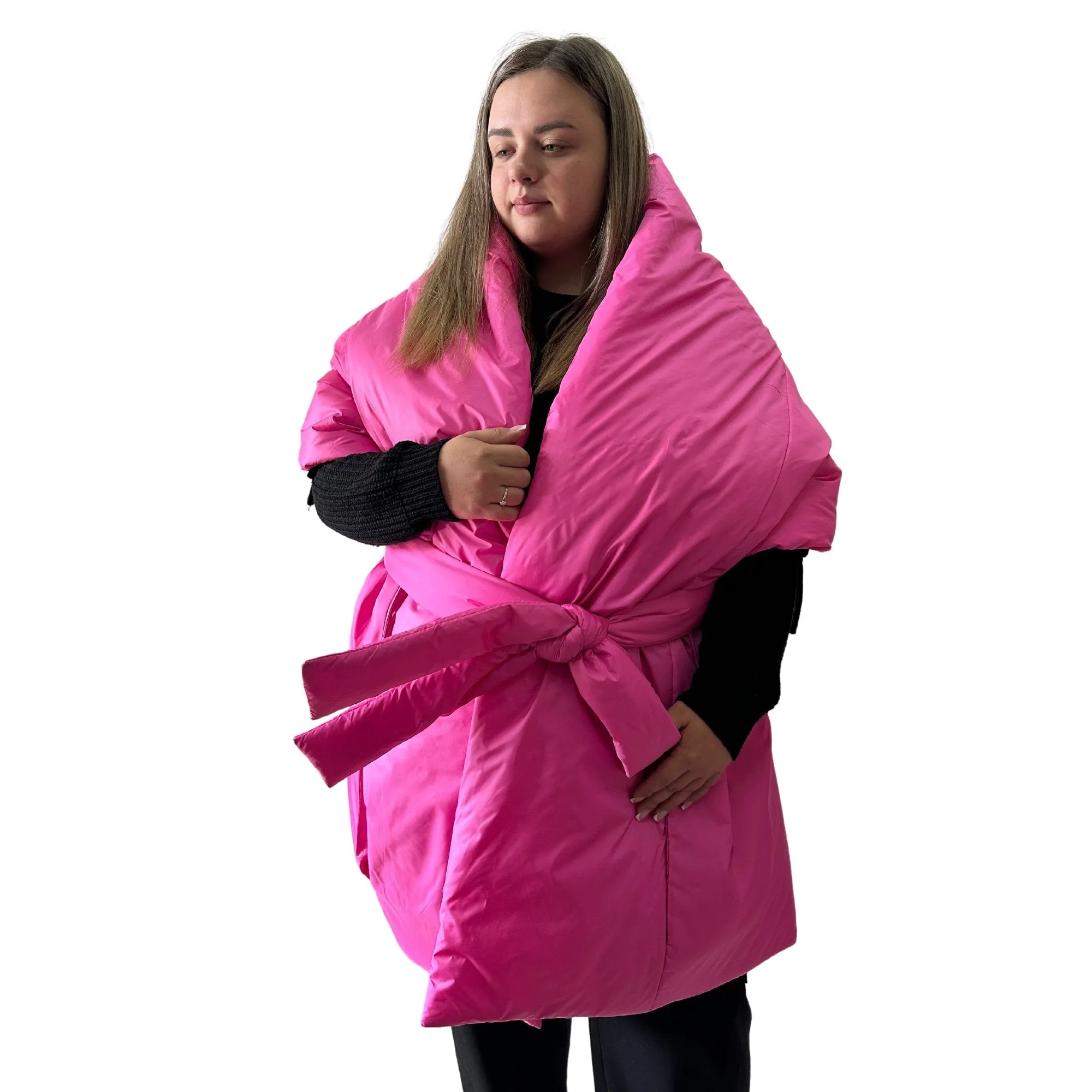 Plus Size Hot Pink Long Wide Scarf Puffer – 25x100 inches with 2 Pockets and Belt