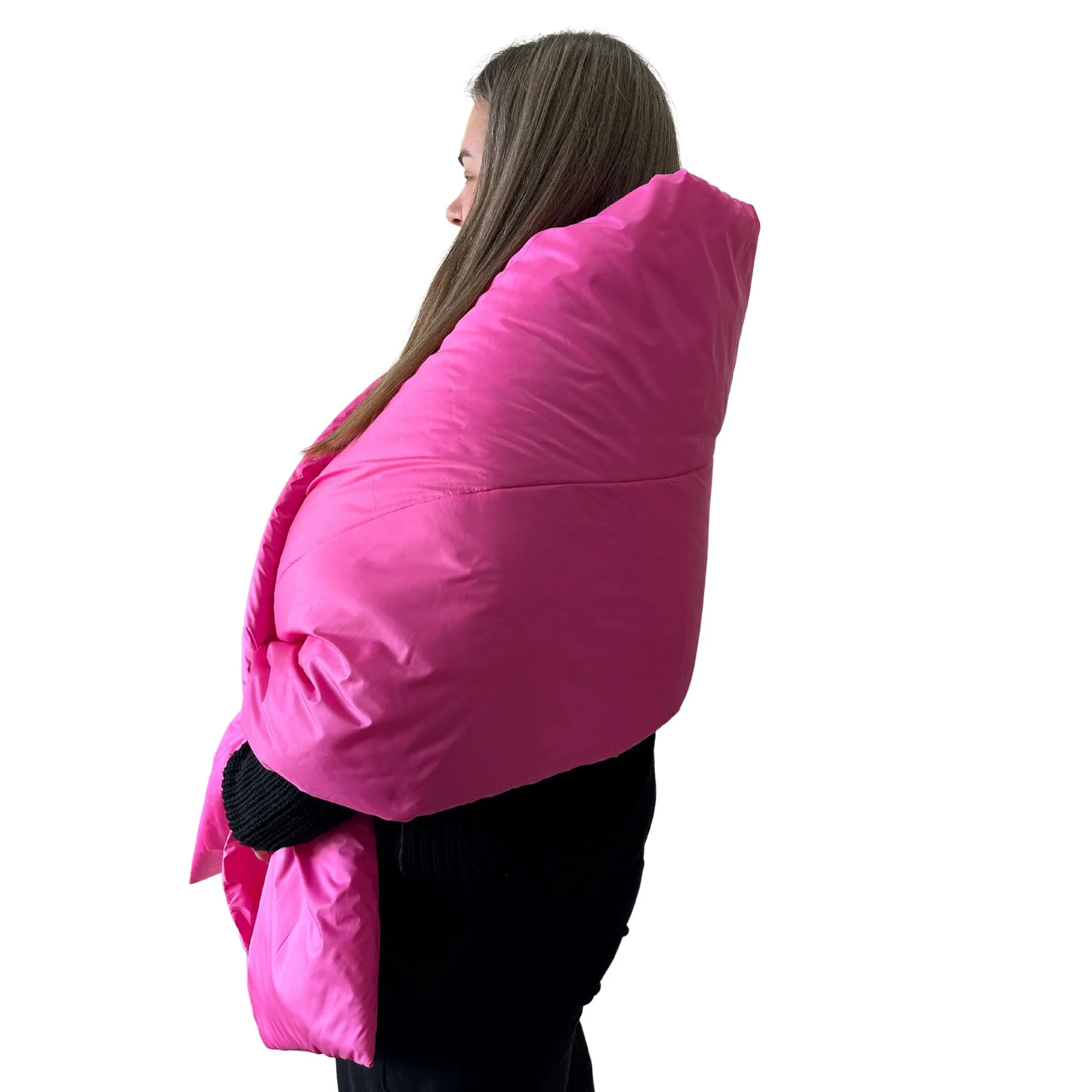Plus Size Hot Pink Long Wide Scarf Puffer – 25x100 inches with 2 Pockets and Belt