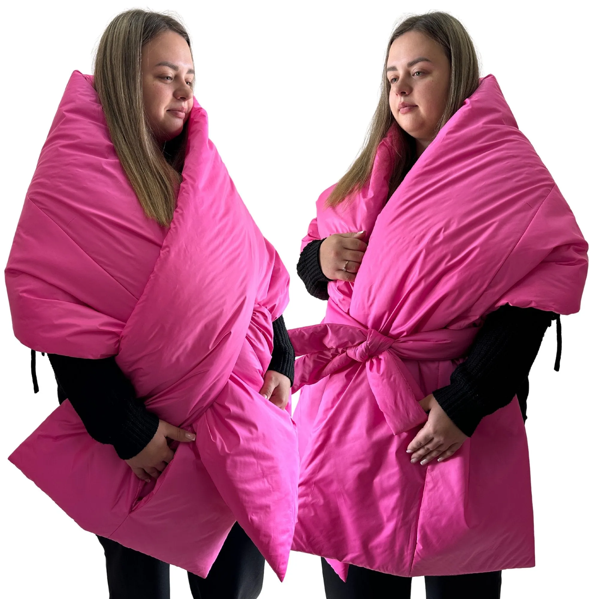 Plus Size Hot Pink Long Wide Scarf Puffer – 25x100 inches with 2 Pockets and Belt