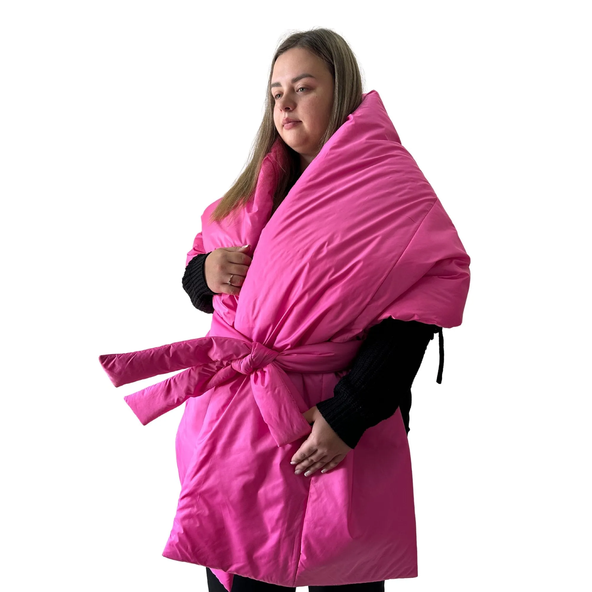 Plus Size Hot Pink Long Wide Scarf Puffer – 25x100 inches with 2 Pockets and Belt