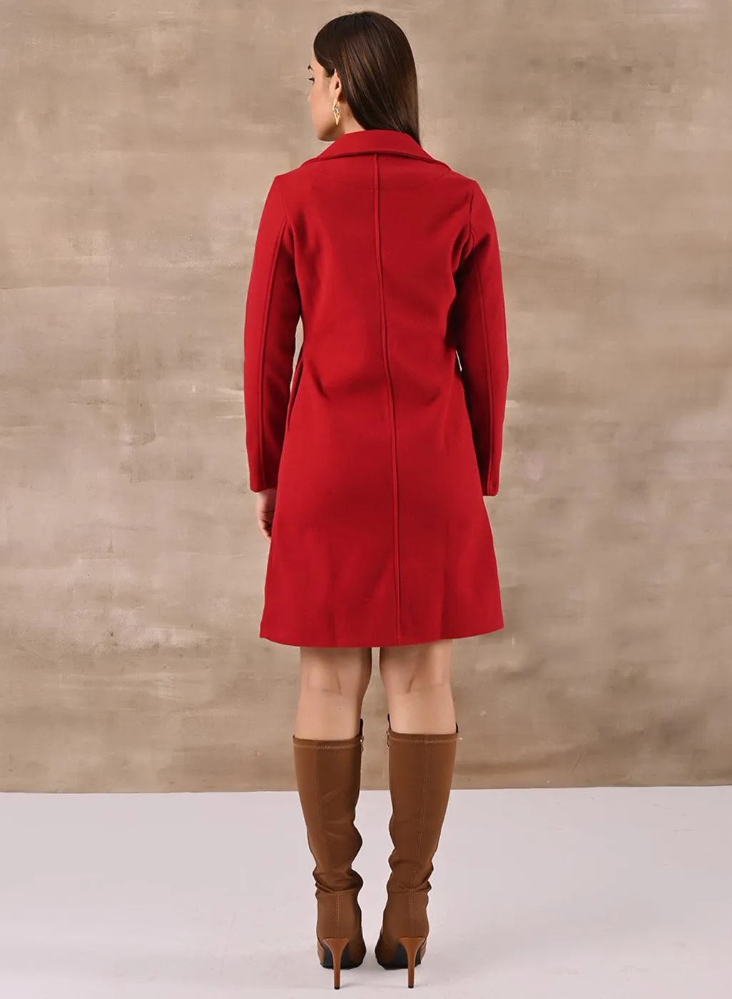 Red Long Trench Coat with Paneled Font and Button Detail