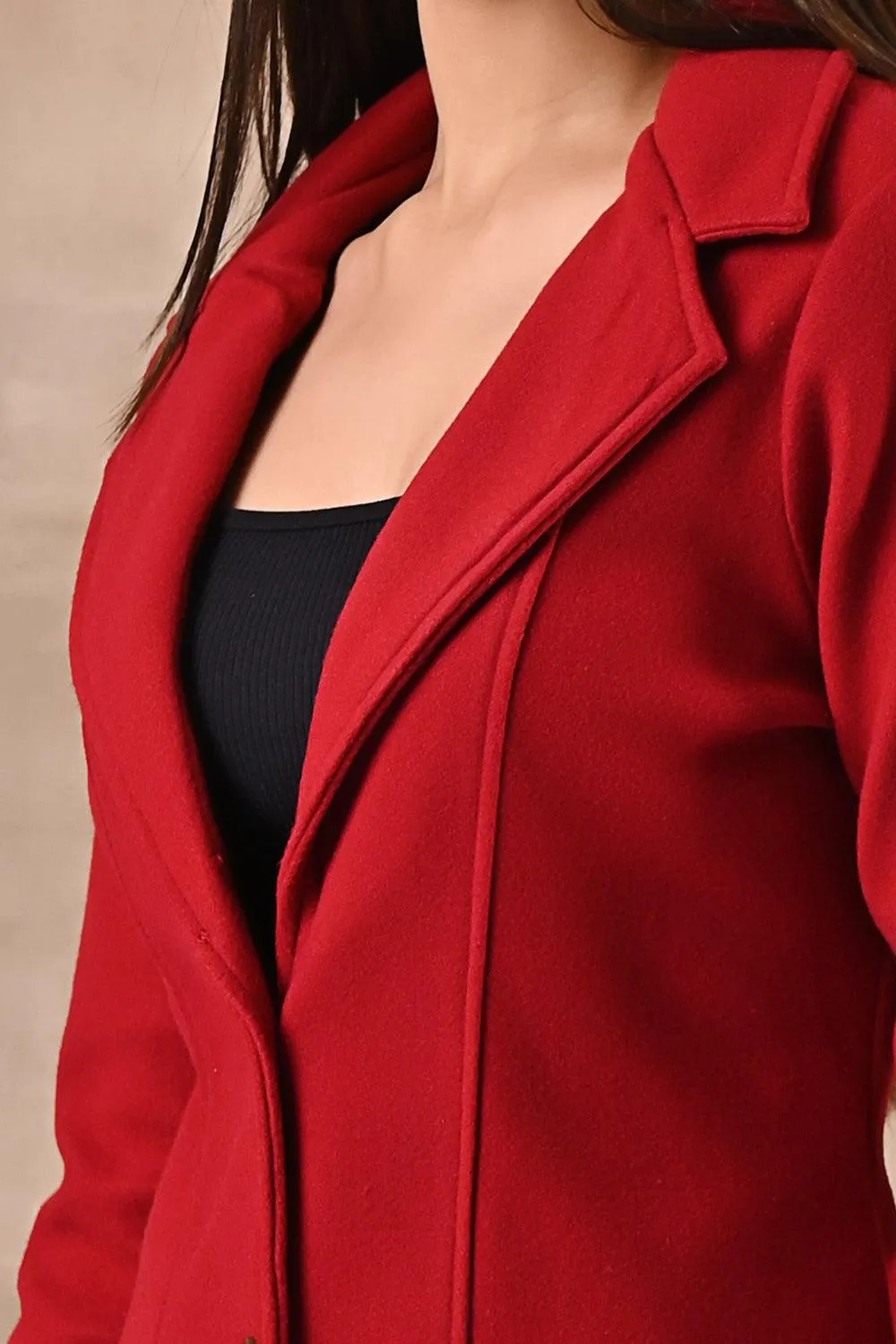 Red Long Trench Coat with Paneled Font and Button Detail