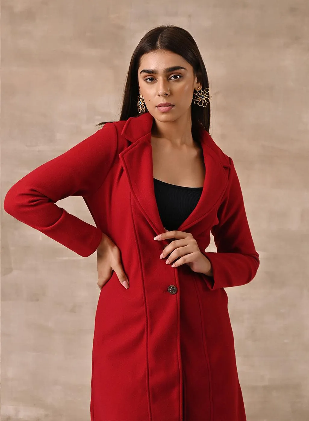 Red Long Trench Coat with Paneled Font and Button Detail