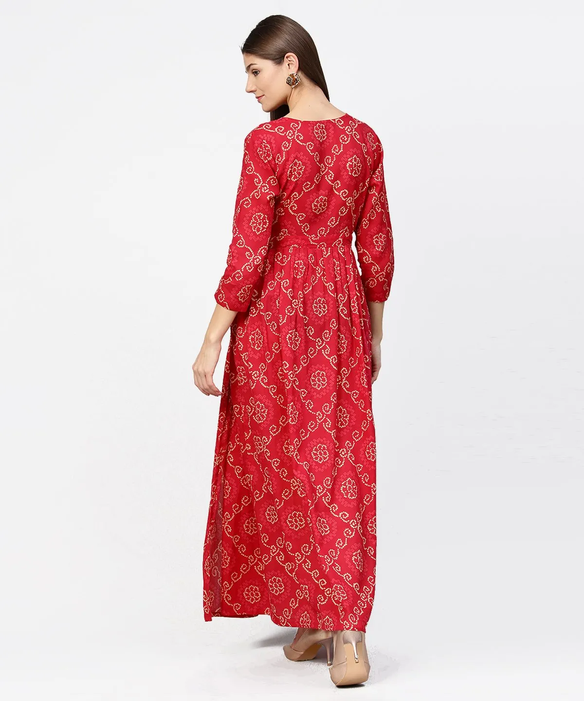 Red Printed 3/4Th Sleeve Cotton Maxi Dress