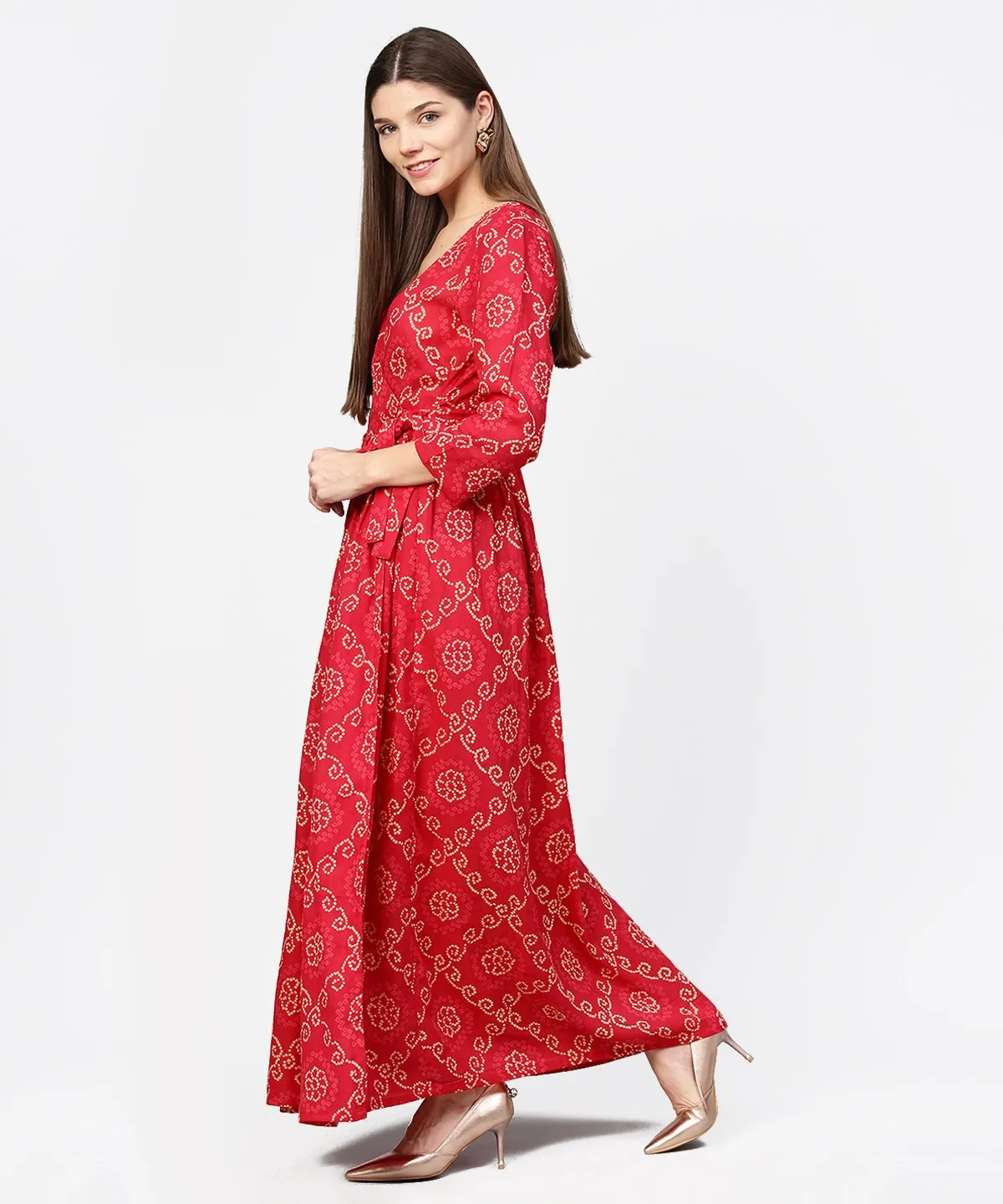 Red Printed 3/4Th Sleeve Cotton Maxi Dress
