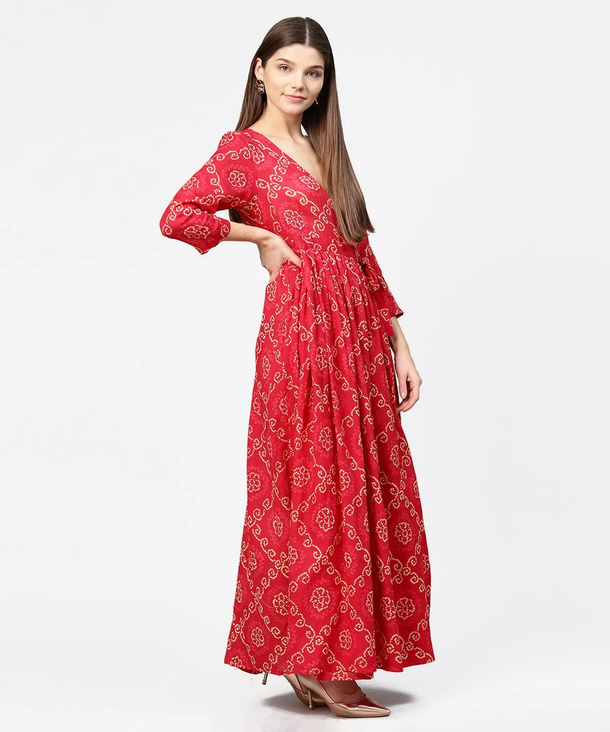 Red Printed 3/4Th Sleeve Cotton Maxi Dress
