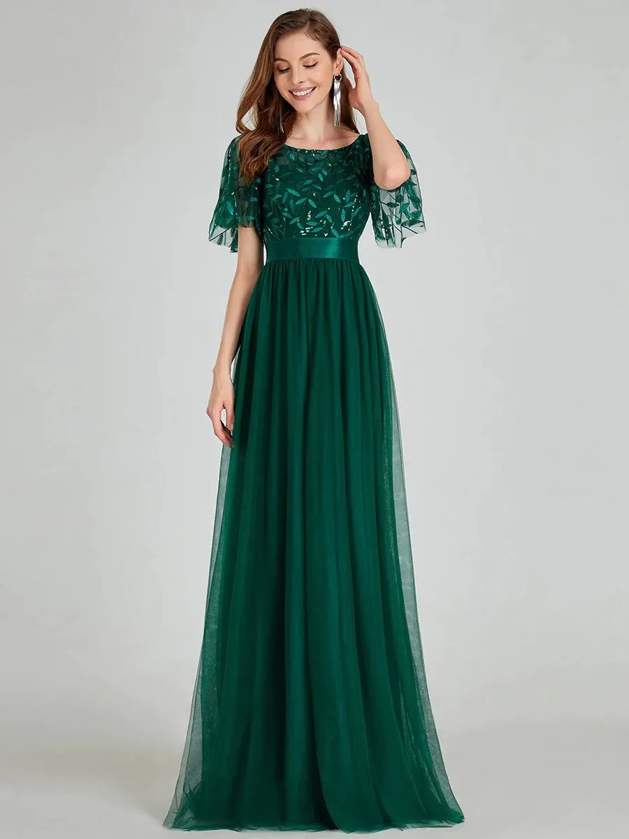 Sequin Print Maxi Long Bridesmaid Dress with Cap Sleeve