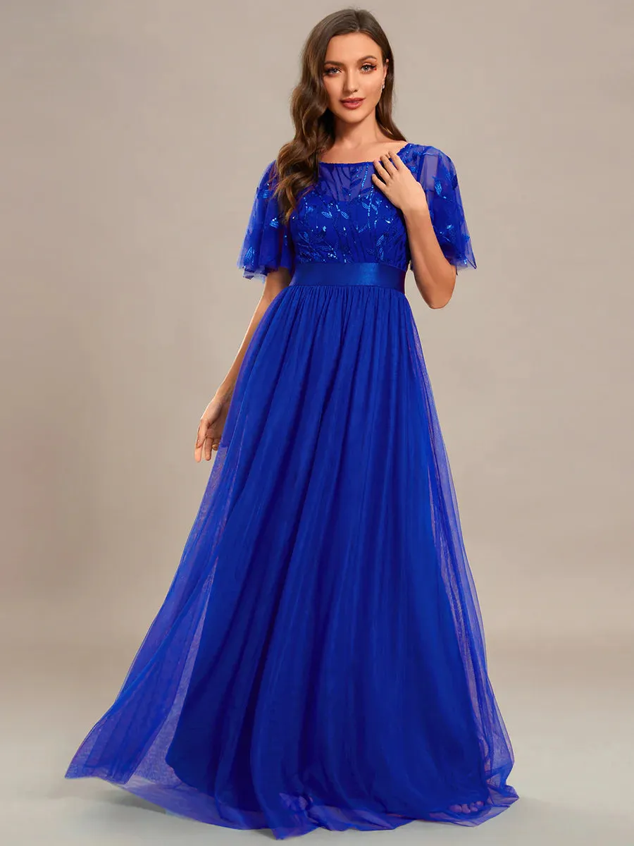 Sequin Print Maxi Long Bridesmaid Dress with Cap Sleeve