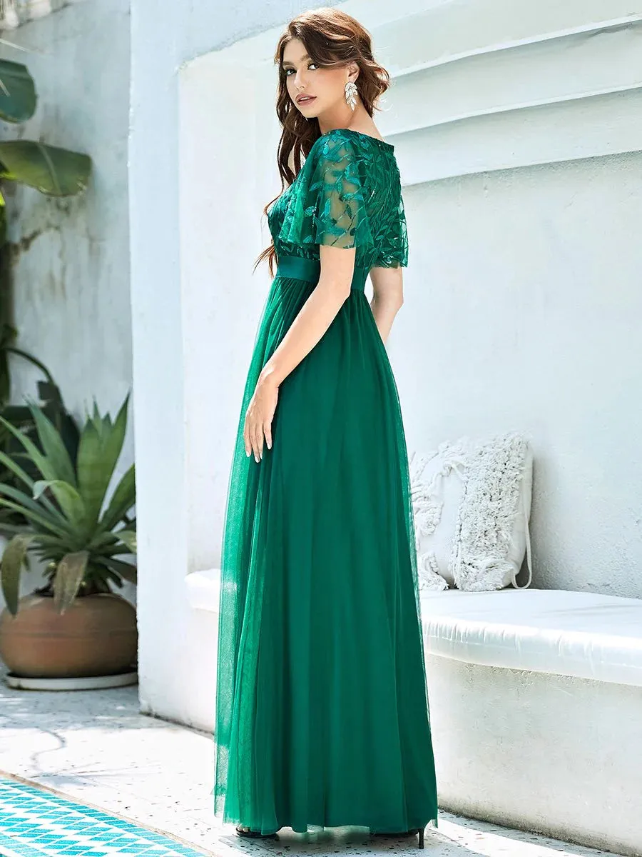 Sequin Print Maxi Long Bridesmaid Dress with Cap Sleeve