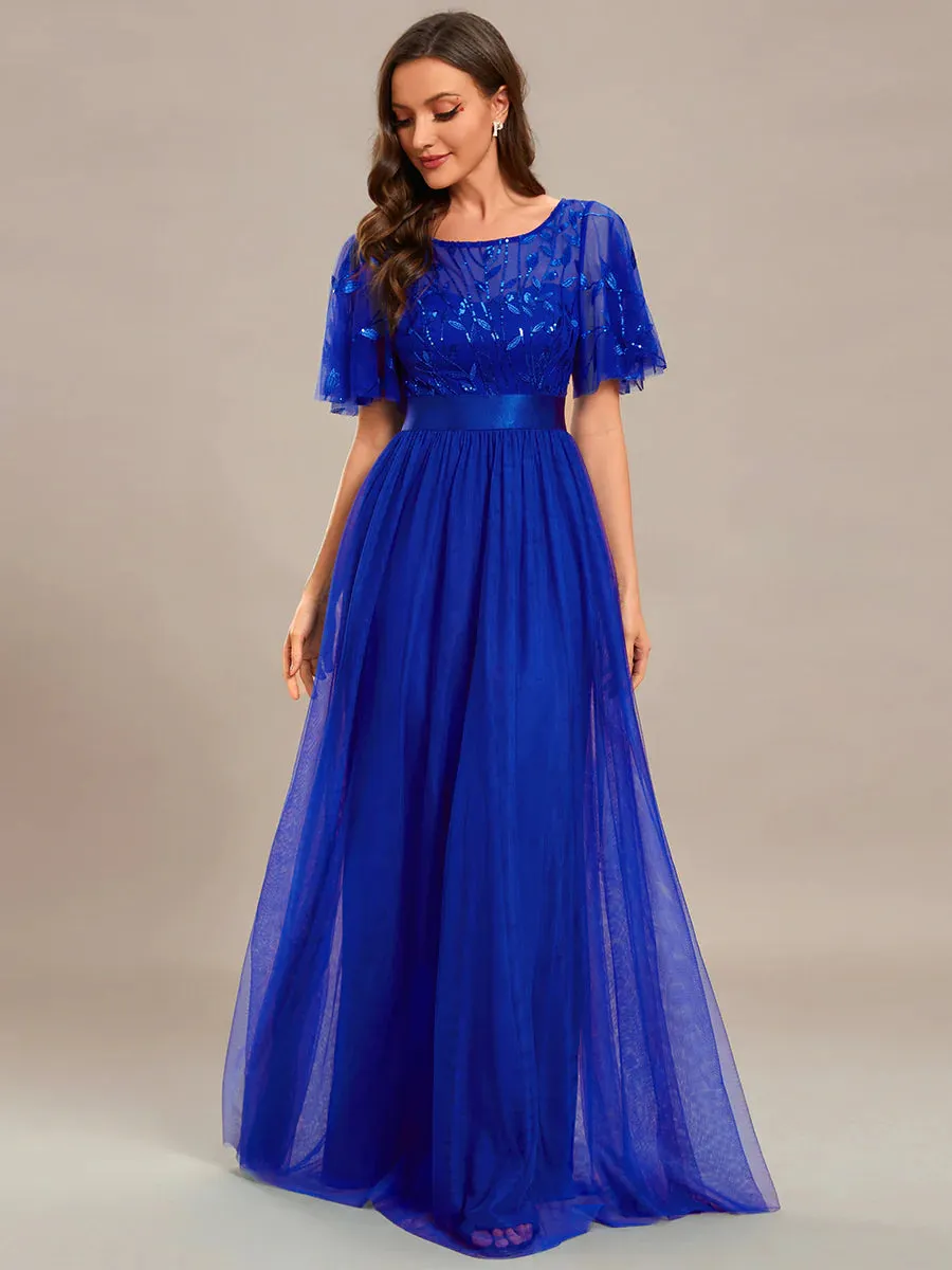 Sequin Print Maxi Long Bridesmaid Dress with Cap Sleeve