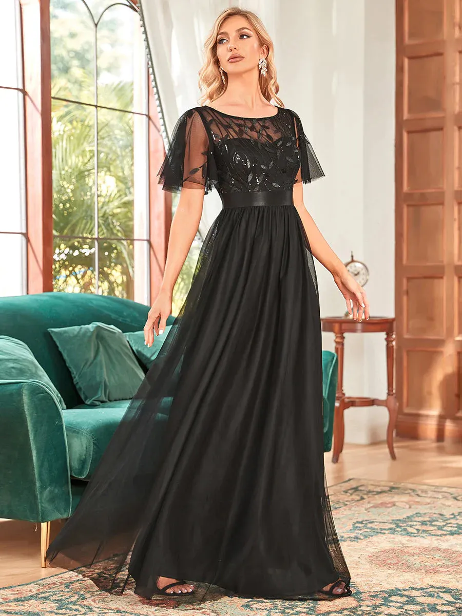 Sequin Print Maxi Long Bridesmaid Dress with Cap Sleeve