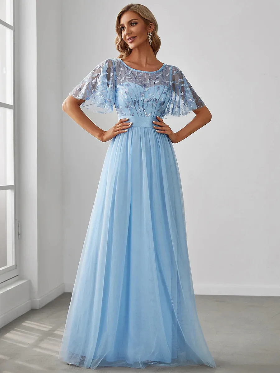 Sequin Print Maxi Long Bridesmaid Dress with Cap Sleeve
