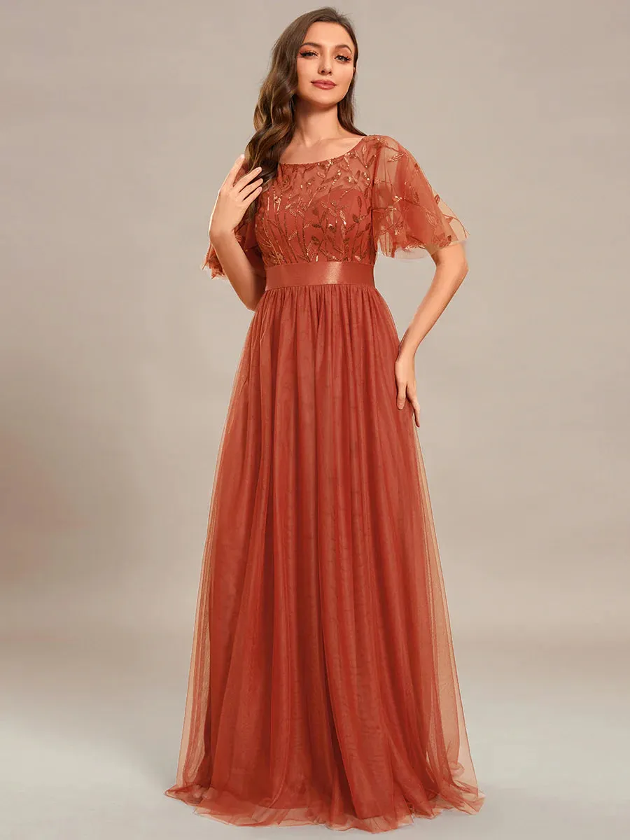 Sequin Print Maxi Long Bridesmaid Dress with Cap Sleeve